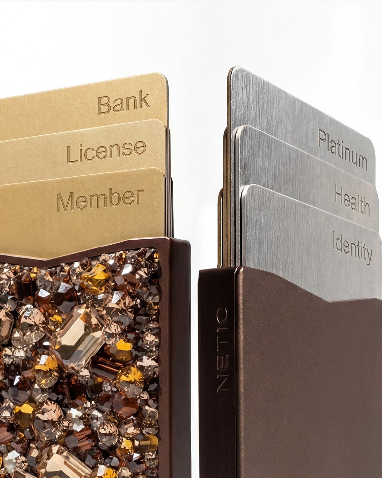 NETIC Couture Wallet dual fan open showing six cards, gold topaz crystals, RFID compact cardholder, Italian leather