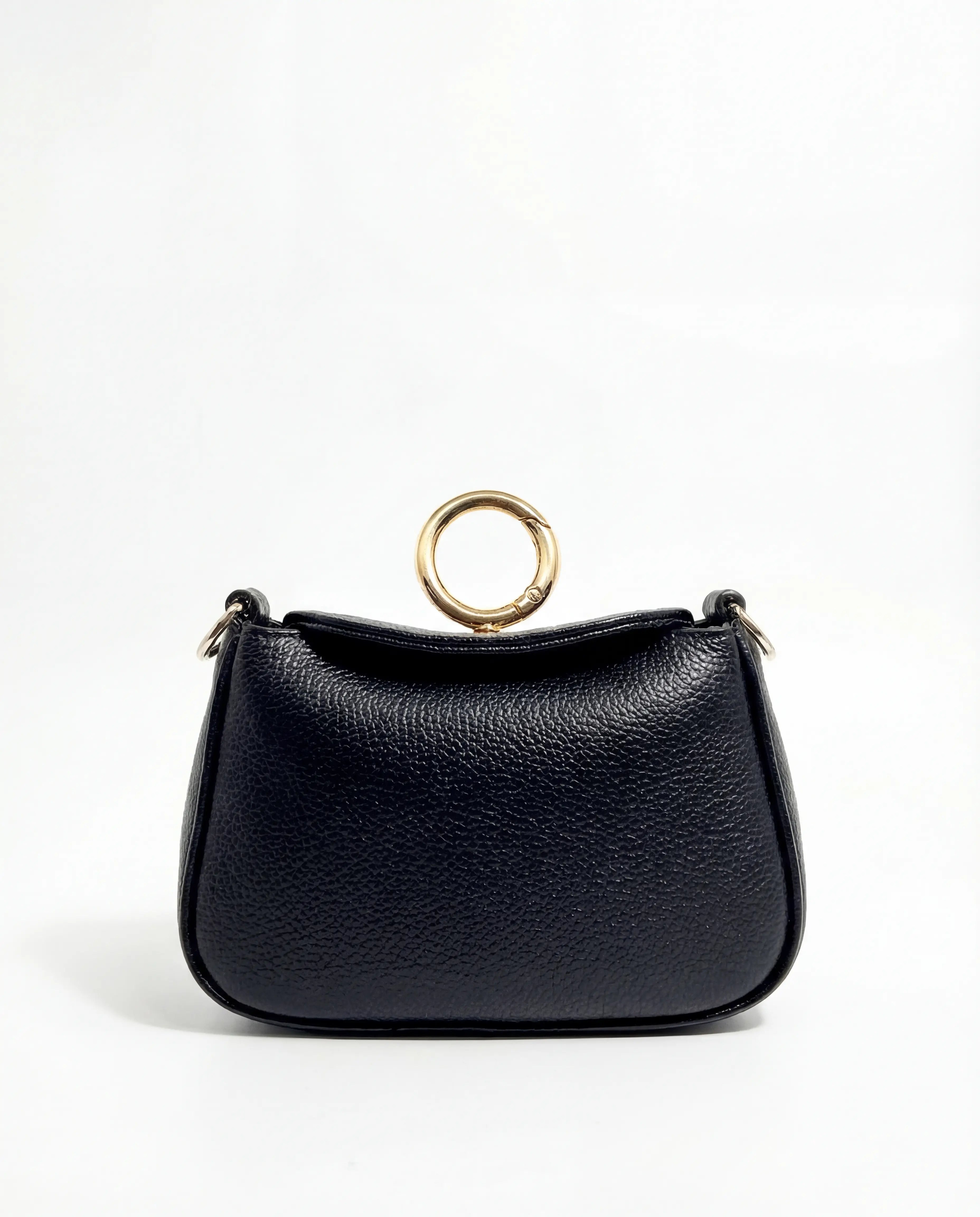 NETIC Nano Bag black full-grain Italian leather, gold carabiner ring, magnetic closure, worn as bag charm or crossbody