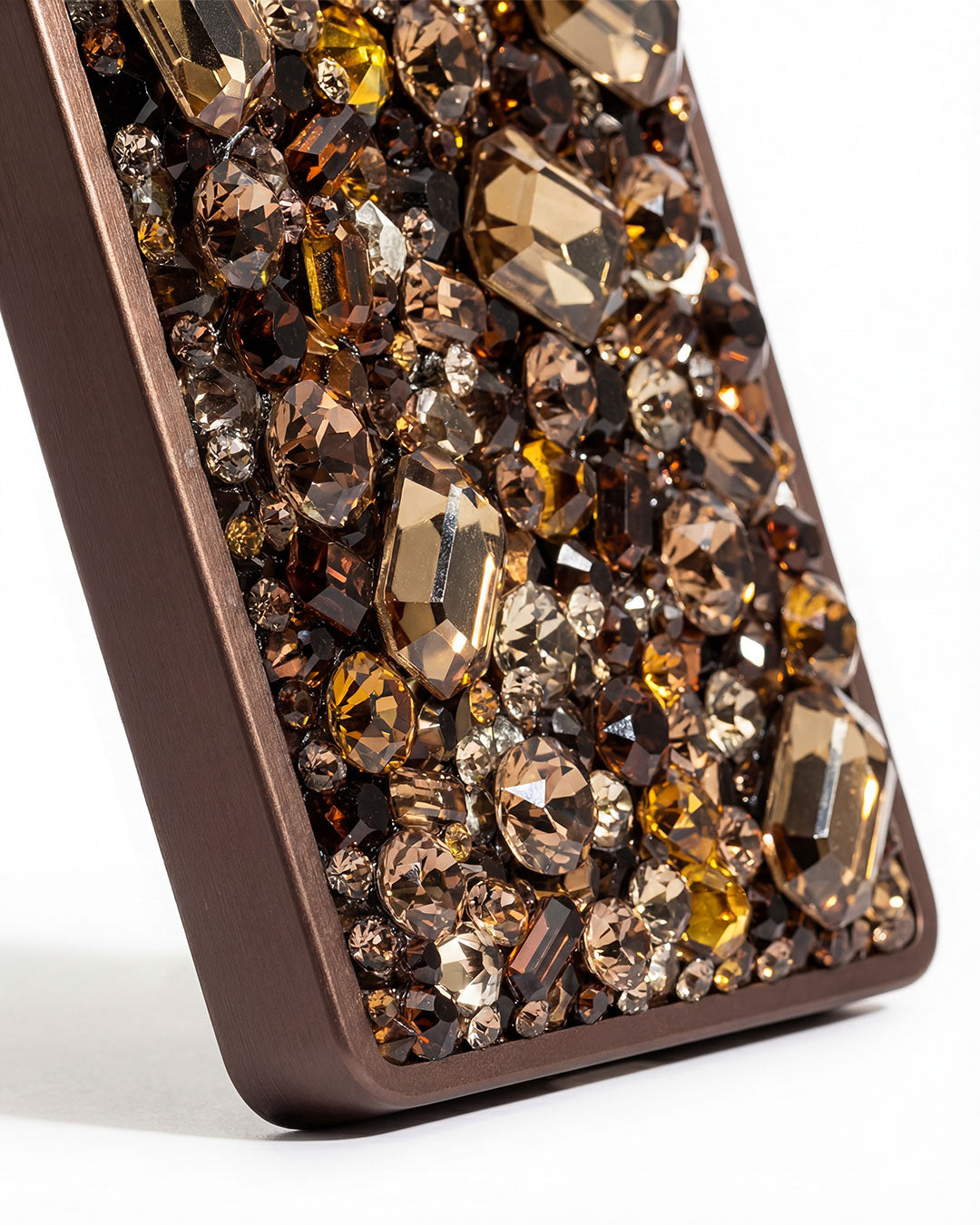 NETIC Couture Wallet close-up, hand-set gold and topaz crystals in three-dimensional layers, luxury Italian leather