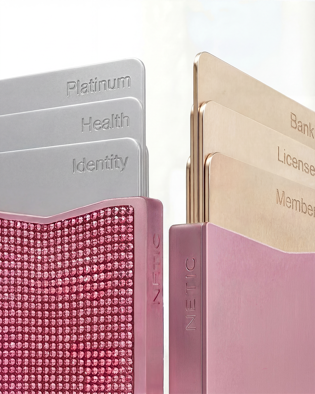 NETIC Crystal Wallet dual fan mechanism open, cards fanned out, pink ombré crystals, slim Italian leather cardholder